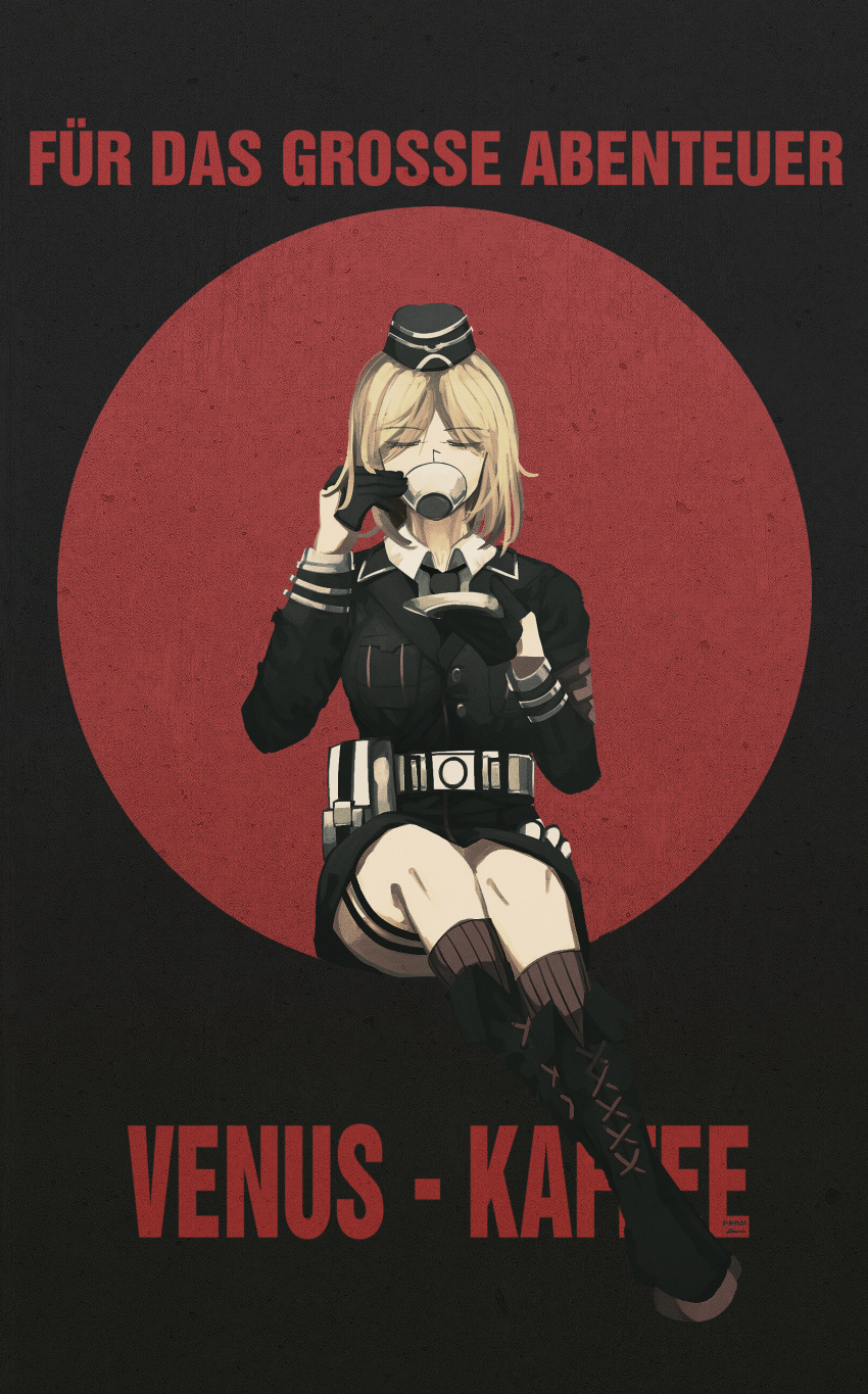 absurdres black_footwear black_gloves black_hat blonde_hair boots closed_eyes coffee_mug cross-laced_footwear cup female garrison_cap german_text girls'_frontline gloves half_gloves hat highres holding holding_cup holding_plate kanoe_(kanoe502) long_sleeves md5_mismatch military military_uniform mp40_(girls'_frontline) mug plate poster_(medium) short_hair sitting solo translated uniform wolfenstein_(series) wolfenstein_ii:_the_new_colossus