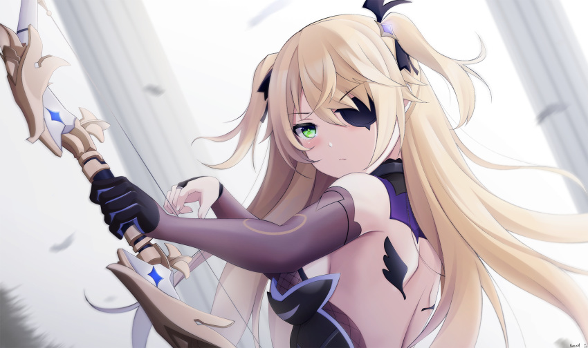 backless_outfit bare_shoulders black_gloves blonde_hair bow_(weapon) breasts bridal_gauntlets eyepatch favonius_warbow_(genshin_impact) female fischl_(genshin_impact) genshin_impact gloves green_eyes hair_ornament highres holding holding_bow_(weapon) holding_weapon keenh long_hair looking_at_viewer shoulder_blades sidelocks single_glove small_breasts solo two_side_up upper_body weapon