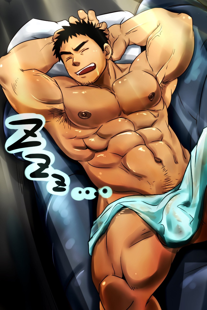 1boy abs armpit_hair armpits bara black_hair closed_eyes doro_rich facial_hair highres large_pectorals lying male_focus muscular muscular_male navel nipples on_back open_mouth pectorals pillow senpai_ga_uzai_kouhai_no_hanashi short_hair sleeping solo stubble takeda_harumi_(shiromanta) towel zzz