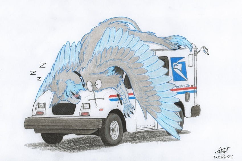 2022 avian axelon blue_body blue_feathers blue_fur closed_eyes door eyebrows feathered_wings feathers feral fur grey_body grey_feathers grey_fur gryphon headlights lying male mirror mythological_avian mythological_creature mythology on_front pawpads paws postal_van shadow sleeping solo sound_effects spread_legs spreading tire truck_(vehicle) united_states_postal_service vehicle vowelless vowelless_sound_effect window windshield wings zephyr_(bateleurs) zzz