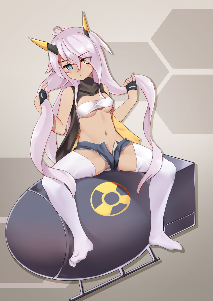 ahoge azur_lane bandeau black_gloves blue_eyes blush breasts closed_mouth commentary_request dark-skinned_female dark_skin expressionless eyes_visible_through_hair facepaint female full_body gloves grey_shorts hair_between_eyes hand_in_own_hair heart heart_ahoge heterochromia highres horns indianapolis_(azur_lane) long_hair looking_at_viewer mechanical_horns medium_breasts micro_shorts navel no_shoes nuclear_weapon open_fly pink_hair radiation_symbol shorts sitting solo the_hermit thighhighs twintails underboob very_long_hair white_bandeau white_thighhighs yellow_eyes