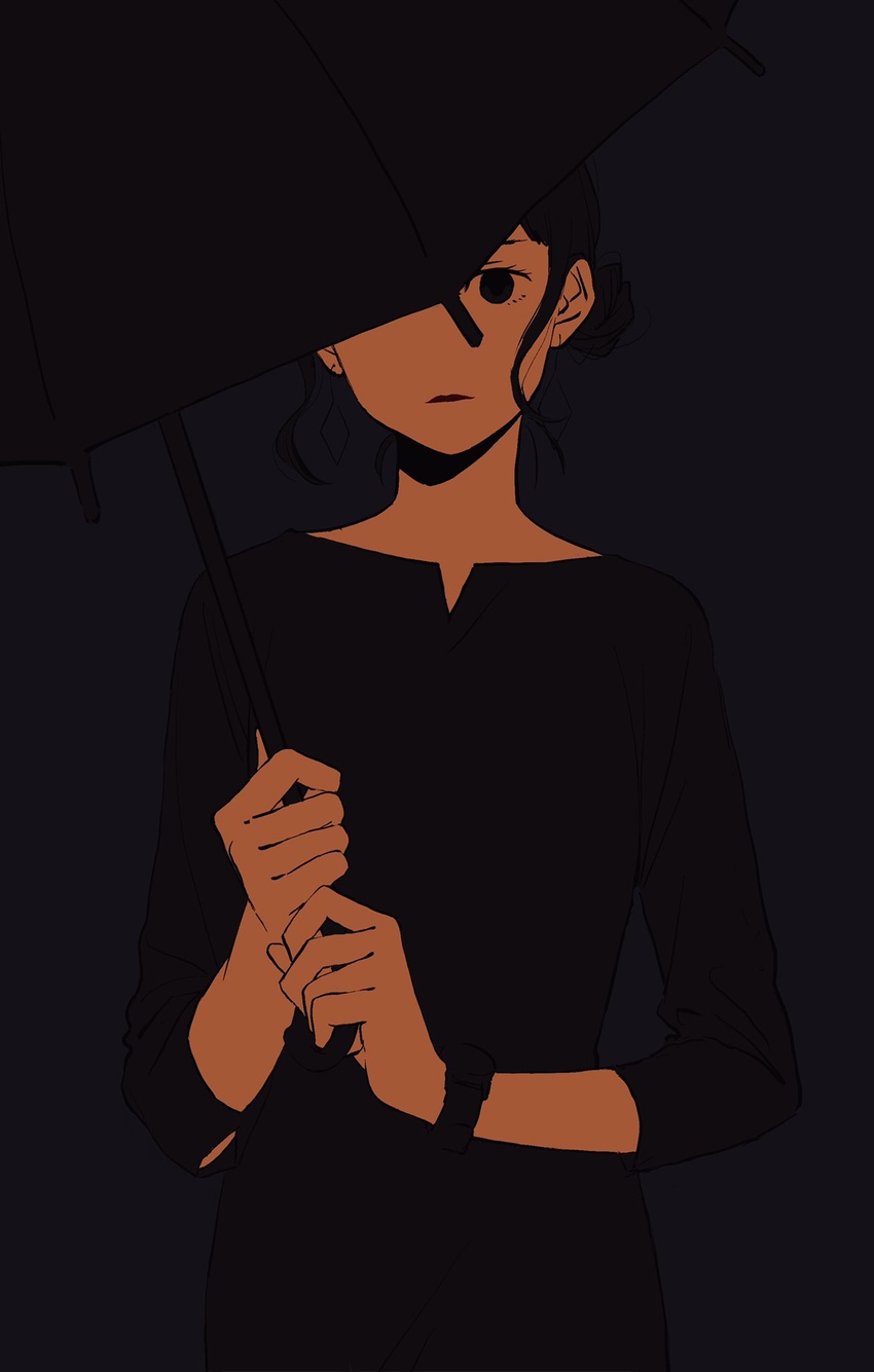 black_background black_eyes black_hair black_lips black_shirt black_umbrella blouse cowboy_shot female highres holding holding_umbrella limited_palette long_sleeves looking_at_viewer no_sclera one_eye_covered original shiki_haru shirt simple_background solo umbrella watch wristwatch