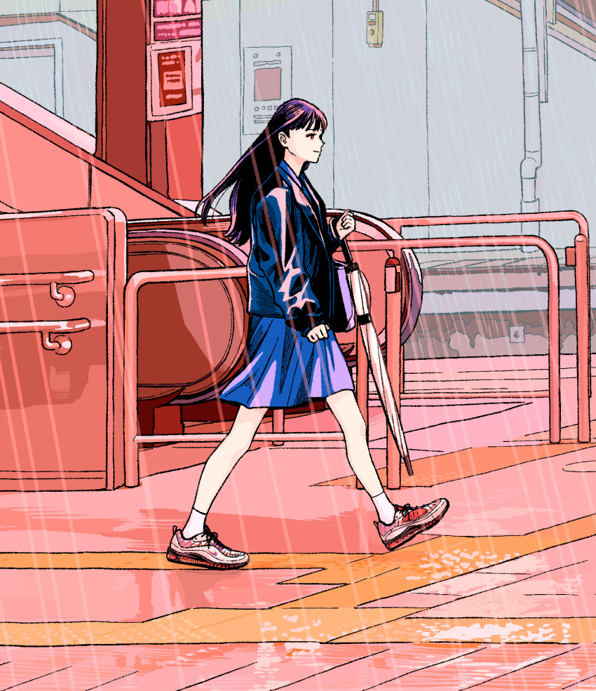 ankle_socks black_hair blue_skirt blunt_bangs closed_mouth closed_umbrella commentary_request escalator female highres holding holding_umbrella jacket ligne_claire long_sleeves original outdoors pink_footwear profile rain red_eyes shoes skirt sleeves_past_wrists smile sneakers socks solo tactile_paving tanaka_hirotaka train_station umbrella walking white_socks