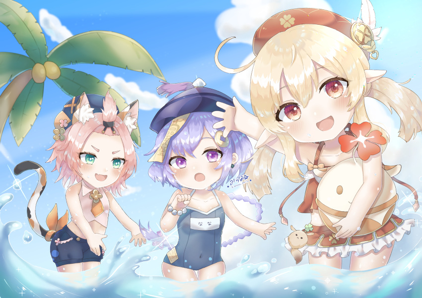 3girls :d absurdres ahoge alternate_costume amulet animal_ear_fluff animal_ears arm_up armpits bad_id bad_pixiv_id bangs_pinned_back bead_bracelet beads bikini black_shorts blue_sky bracelet braid carrying cat_ears cat_girl cat_tail clothing_cutout cloud cloudy_sky clover_print coconut_tree coin_hair_ornament collarbone commentary_request day diona_(genshin_impact) dodoco_(genshin_impact) earrings frilled_bikini frills genshin_impact green_eyes hair_between_eyes hair_ornament hair_ribbon hat hat_feather hat_ornament highres jewelry jiangshi jumpy_dumpty klee_(genshin_impact) long_hair looking_at_viewer low_ponytail low_twintails miuna_(user_dunp3235) multiple_girls name_tag navel navel_cutout ocean ofuda open_mouth outdoors palm_tree pink_hair pointy_ears purple_eyes purple_hair qingdai_guanmao qiqi_(genshin_impact) ribbon school_swimsuit short_hair shorts sidelocks signature single_braid sky smile swimsuit tail translation_request tree twintails v-shaped_eyebrows wading waving