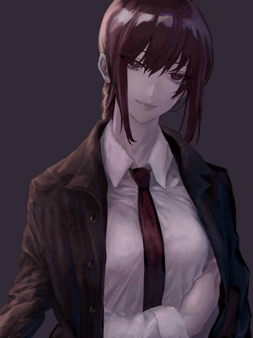 black_jacket black_necktie braid braided_ponytail breasts business_suit chainsaw_man collared_shirt eyelashes female formal highres jacket long_eyelashes long_sleeves looking_at_viewer makima_(chainsaw_man) medium_breasts medium_hair necktie red_eyes red_hair saji_of_kamo shirt simple_background solo suit upper_body