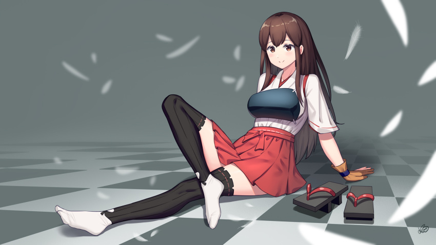 akagi_(kancolle) akagi_kai_ni_(kancolle) arm_support black_thighhighs breasts brown_eyes brown_gloves brown_hair checkered_floor female gaiters gloves hakama hakama_short_skirt hakama_skirt highres japanese_clothes kantai_collection large_breasts long_hair muneate partially_fingerless_gloves red_hakama ribbon-trimmed_legwear ribbon_trim shoes sitting skirt smile solo straight_hair tabi tasuki thighhigh_gaiters thighhighs unworn_shoes white_thighhighs xiaoxi0619 yugake