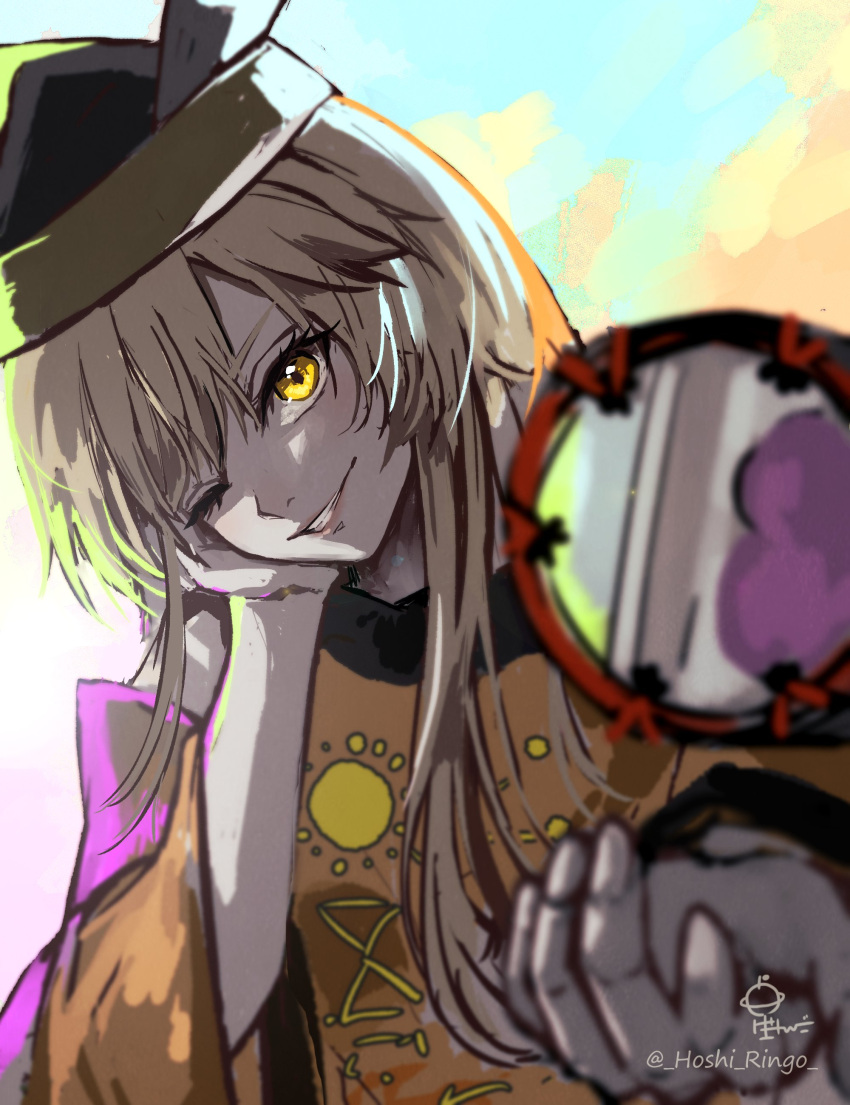 absurdres black_hat blonde_hair constellation_print drum female floating floating_object hat highres hoshiringo0902 instrument lips long_hair long_sleeves looking_at_viewer matara_okina one-hour_drawing_challenge one_eye_closed smile solo tabard touhou wide_sleeves yellow_eyes