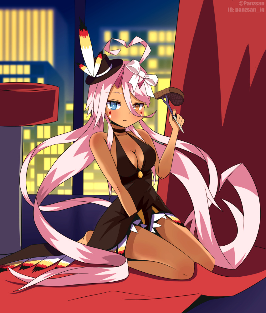 absurdres ahoge azur_lane black_dress black_hat blue_eyes breasts carving_fork cleavage closed_mouth commentary covered_mouth dark-skinned_female dark_skin dress english_commentary expressionless facepaint feather-trimmed_dress female food fork full_body hair_between_eyes hat heart heart_ahoge heterochromia highres holding holding_fork horns indianapolis_(azur_lane) indianapolis_(the_light_of_circle_city)_(azur_lane) indoors long_hair looking_at_viewer medium_breasts night official_alternate_costume panzsan pink_hair pink_horns sleeveless sleeveless_dress solo steak top_hat twintails very_long_hair window yellow_eyes