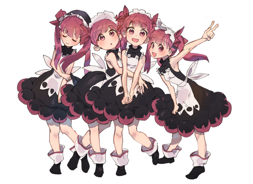 4girls :d :o arm_grab black_dress black_footwear blunt_bangs closed_eyes closed_mouth commentary dress hug kemurikusa leaning_forward long_hair looking_at_viewer maid_headdress medium_dress multiple_girls open_mouth own_hands_together red_hair rina_(kemurikusa) shoes simple_background sleeveless sleeveless_dress smile standing tanakalma twintails v v_arms white_background