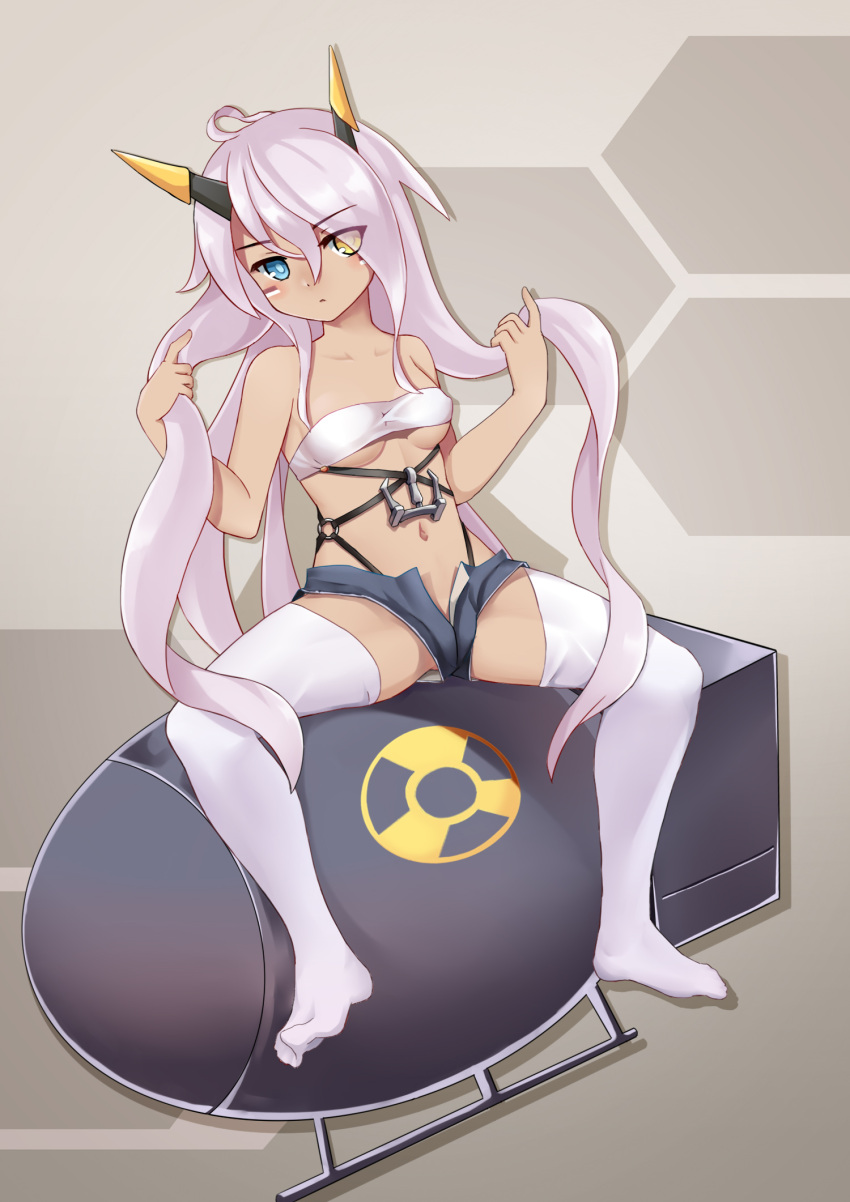 ahoge azur_lane bandeau black_gloves blue_eyes blush breasts closed_mouth commentary_request dark-skinned_female dark_skin expressionless eyes_visible_through_hair facepaint female full_body gloves grey_shorts hair_between_eyes hand_in_own_hair heart heart_ahoge heterochromia highres horns indianapolis_(azur_lane) long_hair looking_at_viewer mechanical_horns medium_breasts micro_shorts navel no_shoes nuclear_weapon open_fly pink_hair radiation_symbol shorts sitting solo the_hermit thighhighs twintails underboob very_long_hair white_bandeau white_thighhighs yellow_eyes