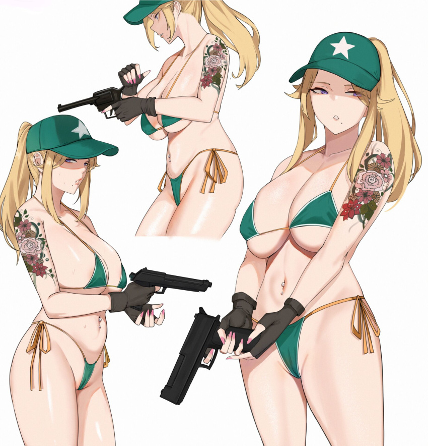 arm_tattoo bare_shoulders baseball_cap bikini black_gloves blonde_hair breasts chinese_commentary cleavage collarbone commentary cropped_legs feet_out_of_frame female fingerless_gloves fingernails flower_tattoo gloves gongba_laoge green_bikini green_headwear gun handgun hat highres holding holding_gun holding_weapon large_breasts long_hair looking_at_viewer looking_away mole mole_under_mouth multiple_views nail_polish navel navel_piercing open_mouth original out_of_frame parted_lips piercing pink_nails ponytail print_headwear purple_eyes sideboob standing star_(symbol) star_print swimsuit tattoo weapon white_background