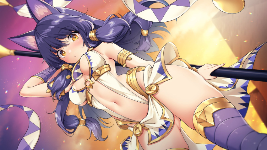 animal_ears anubis_(legend_clover) ass_visible_through_thighs breasts dog_ears dog_girl egyptian_clothes female highres legend_clover long_hair looking_at_viewer medium_breasts mojarin_(kihara_mojarin) navel pelvic_curtain purple_hair revealing_clothes sidelocks solo standing thighhighs yellow_eyes