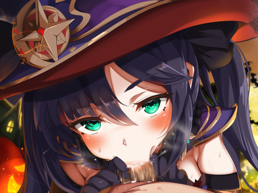 1boy :>= blush breasts censored cum cum_in_mouth fellatio female genshin_impact gloves green_eyes hat highres long_hair looking_at_viewer medium_breasts mona_(genshin_impact) mosaic_censoring oral penis purple_hair revision solo_focus straight takashia_(akimototakashia) twintails witch_hat