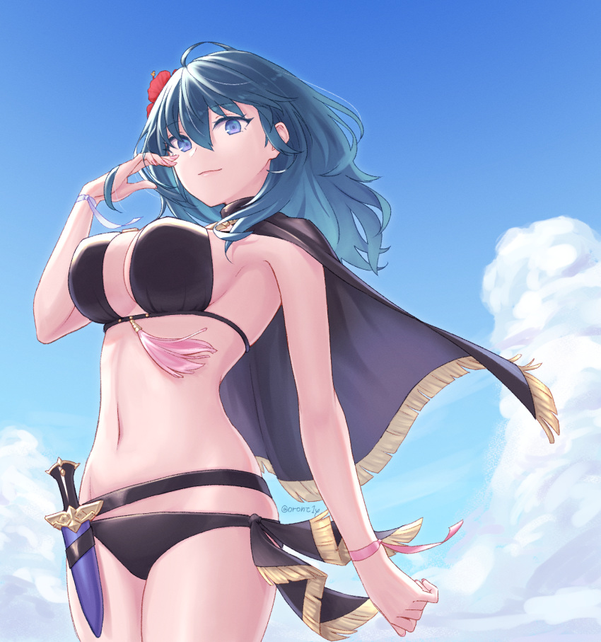 ahoge bikini black_bikini black_cape blue_eyes blue_hair blue_sky breasts byleth_(female)_(fire_emblem) byleth_(female)_(summer)_(fire_emblem) byleth_(fire_emblem) cape cleavage closed_mouth cloud commentary_request cowboy_shot dagger day female fire_emblem fire_emblem:_three_houses fire_emblem_heroes floating_hair flower groin hair_between_eyes hair_flower hair_ornament hand_up highres knife large_breasts long_hair looking_at_viewer midriff navel official_alternate_costume orio_(oront1y) ribbon sheath sheathed sidelocks sky smile solo standing swimsuit twitter_username weapon wrist_ribbon