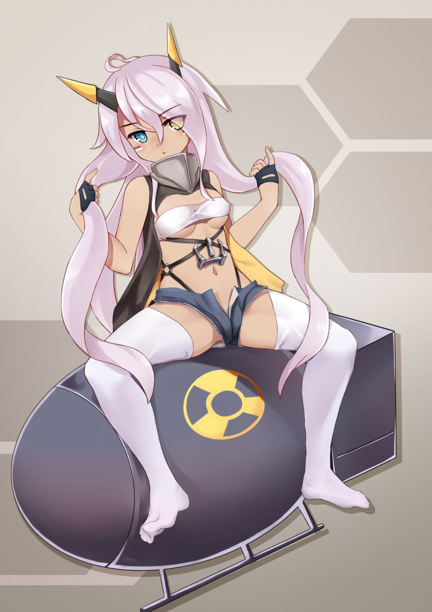 ahoge azur_lane bandeau black_gloves blue_eyes blush breasts closed_mouth commentary_request dark-skinned_female dark_skin expressionless eyes_visible_through_hair facepaint female full_body gloves grey_shorts hair_between_eyes hand_in_own_hair heart heart_ahoge heterochromia highres horns indianapolis_(azur_lane) long_hair looking_at_viewer mechanical_horns medium_breasts micro_shorts navel no_shoes nuclear_weapon open_fly pink_hair radiation_symbol shorts sitting solo the_hermit thighhighs turtleneck twintails underboob very_long_hair white_bandeau white_thighhighs yellow_eyes