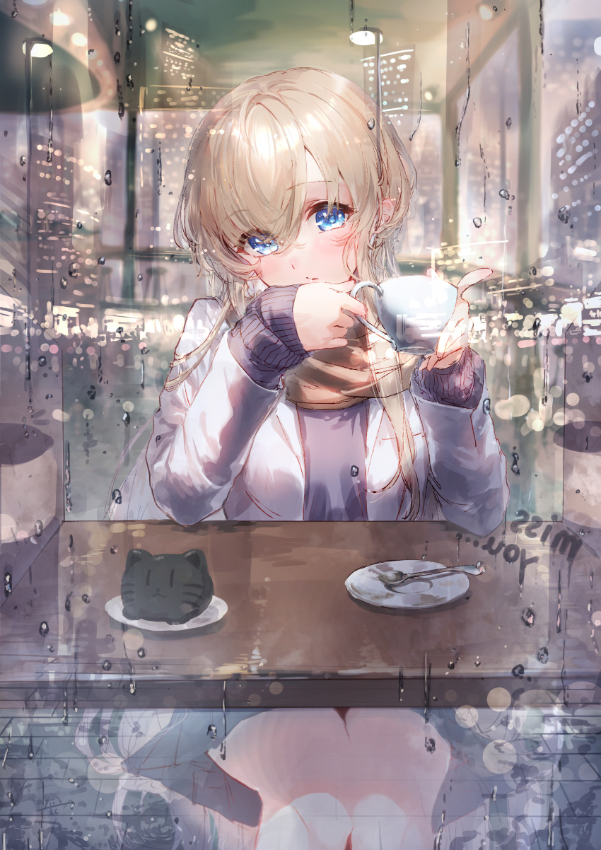 absurdres black_sweater blonde_hair blue_eyes blurry blurry_background bokeh building cafe city_lights coat commentary crossed_bangs cup depth_of_field english_commentary eshineko feet_out_of_frame female hair_between_eyes highres holding holding_cup indoors legs_together light_blush long_hair looking_at_viewer night original parted_lips rain reflection sitting solo straight-on sweater table water_drop white_coat