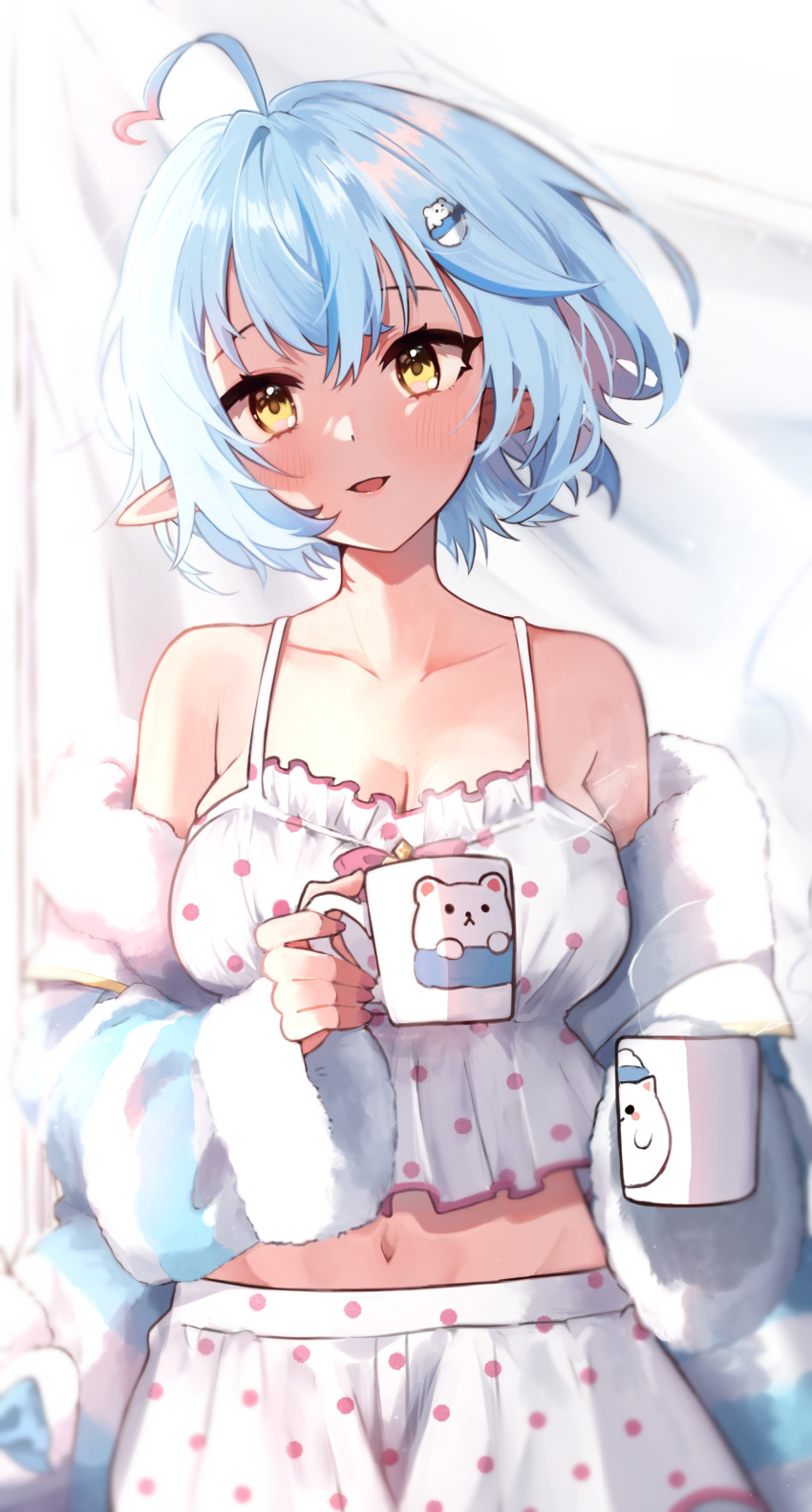 :d absurdres ahoge blue_hair blush camisole character_hair_ornament coffee_mug collarbone cup female hair_ornament head_tilt highres holding holding_cup hololive looking_at_viewer mashiro_io mug navel off_shoulder pajamas pointy_ears polka_dot polka_dot_camisole short_hair smile solo spaghetti_strap upper_body virtual_youtuber yellow_eyes yukihana_lamy yukihana_lamy_(loungewear)