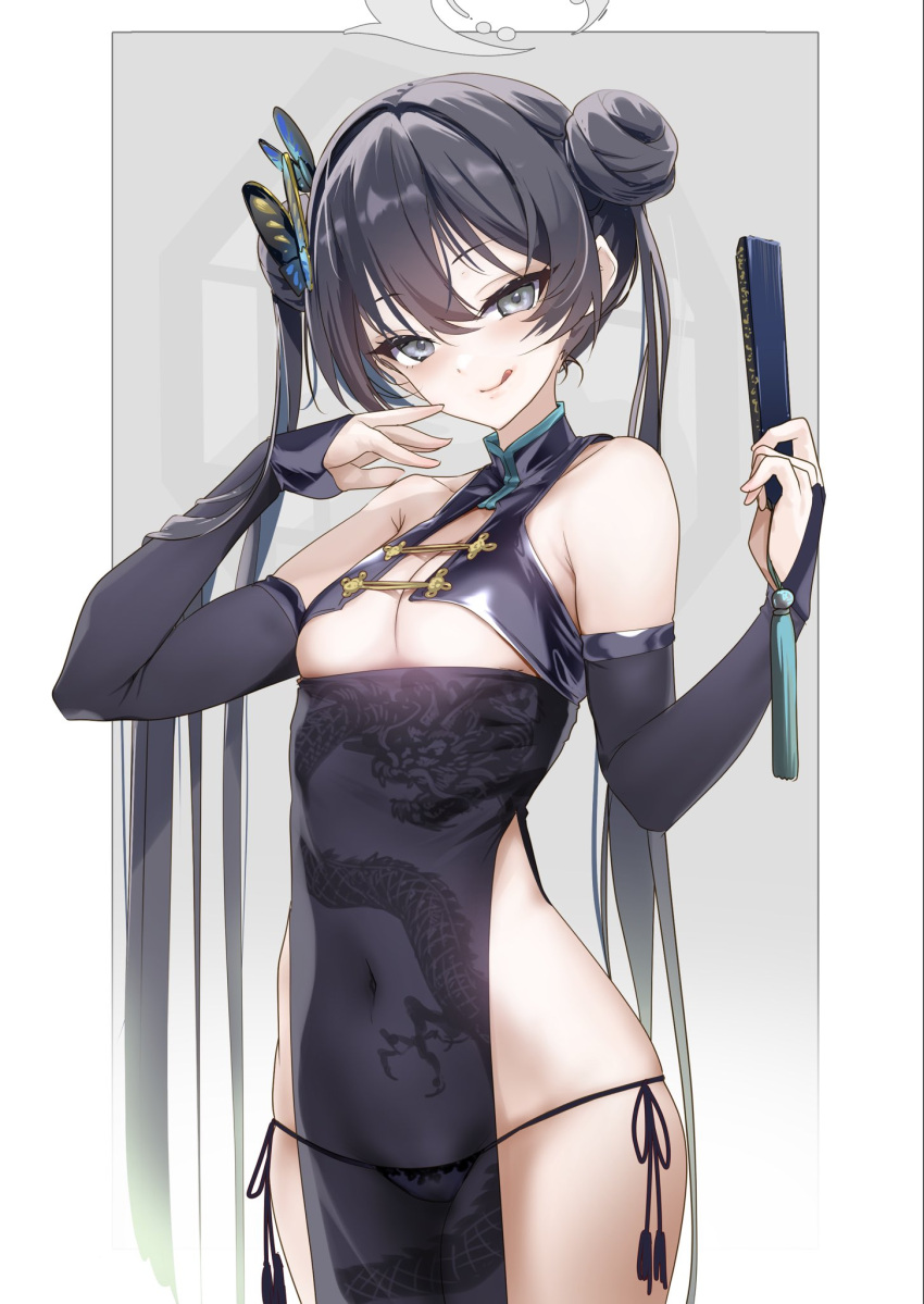 bare_shoulders black_dress black_hair black_panties blue_archive blue_eyes braid braided_bun breasts bridal_gauntlets butterfly_hair_ornament china_dress chinese_clothes cleavage_cutout clothing_cutout detached_sleeves double_bun dragon_print dress female folding_fan grey_eyes hair_bun hair_ornament halo hand_fan highres kisaki_(blue_archive) licking_lips long_hair looking_at_viewer nylon_(nylon_100) panties pelvic_curtain print_dress short_dress side_slit sleeveless sleeveless_dress small_breasts smile solo tassel tongue tongue_out twintails underboob underwear