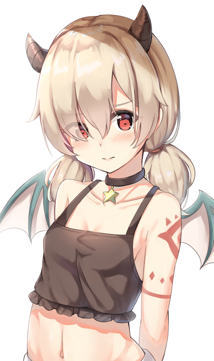 arms_behind_back bare_shoulders black_choker blood blush bodypaint breasts choker cleavage closed_mouth collarbone demon_girl demon_horns demon_wings dragon_girl dragon_wings eyes_visible_through_hair female green_wings hair_over_one_eye highres horns image_sample inori_(princess_connect!) keiran_(ryo170) long_hair looking_at_viewer low_twintails navel princess_connect! red_eyes simple_background small_breasts solo star_(symbol) star_choker tumblr_sample twintails upper_body white_background wings