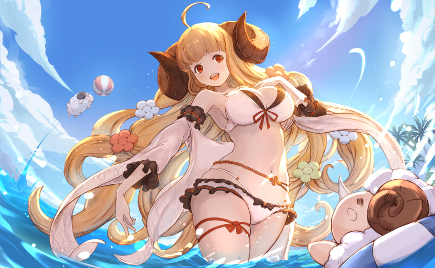 :d ahoge anila_(granblue_fantasy) anila_(summer)_(granblue_fantasy) bikini blonde_hair blue_sky breasts cloud commentary_request day detached_sleeves draph female granblue_fantasy highres horns large_breasts long_hair navel official_alternate_costume open_mouth partially_submerged red_eyes sheep sheep_horns sky smile solo swimsuit tenshin_kagehisa water