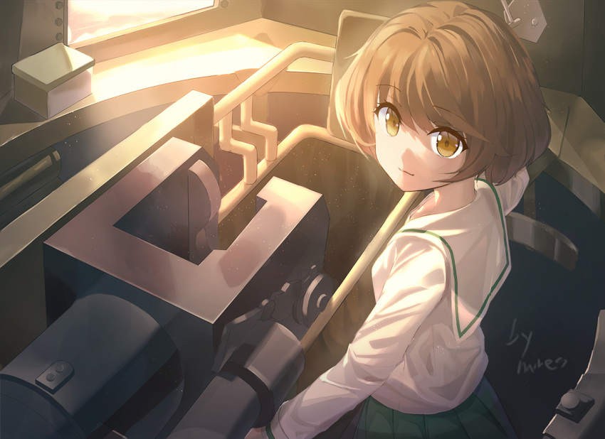 akiyama_yukari artist_name black_neckerchief blouse brown_eyes brown_hair closed_mouth commentary female girls_und_panzer green_skirt haires light_particles long_sleeves looking_at_viewer messy_hair neckerchief ooarai_school_uniform pleated_skirt sailor_collar school_uniform shirt short_hair signature skirt smile solo sunlight tank_interior white_sailor_collar white_shirt