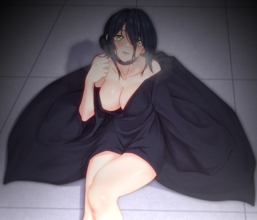 black_choker black_hair black_robe blush breasts breath chainsaw_man choker cleavage collarbone commentary cowboy_shot eyes_visible_through_hair female from_above green_eyes grenade_pin hair_between_eyes hair_bun heavy_breathing highres looking_at_viewer medium_breasts naked_robe open_mouth pulling reze_(chainsaw_man) robe shadow short_hair single_hair_bun sitting smile solo thighs tile_floor tiles wide_sleeves yamauchi_(conan-comy)