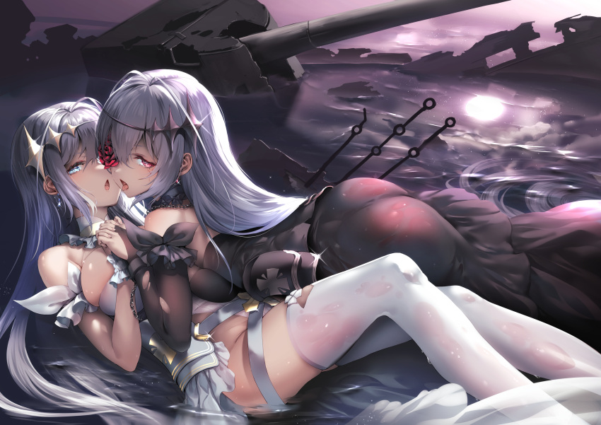 2girls :o ass azur_lane black_dress blue_eyes breast_press breasts cannon commentary_request cowgirl_position damaged detached_sleeves dress drop_earrings earrings emden_(azur_lane) flower flower_over_eye grey_hair highres holding_hands interlocked_fingers jewelry large_breasts long_hair long_sleeves looking_at_viewer lying multiple_girls on_back red_eyes red_flower red_rose reflection reflective_water rose selfcest thighhighs tongue tongue_out turret usuki_(graygreed) water white_dress white_thighhighs yuri