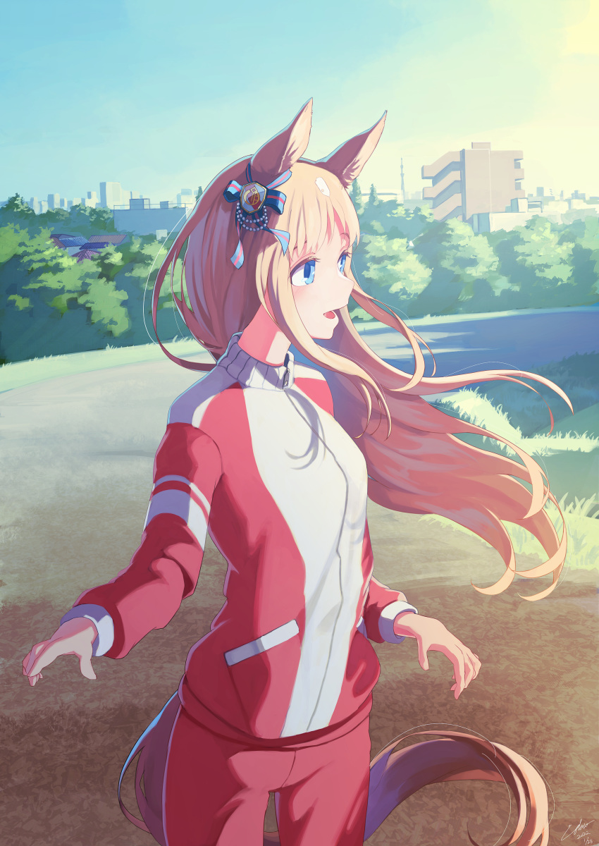 absurdres animal_ears blue_eyes brown_hair building cowboy_shot day female grass_wonder_(umamusume) highres horse_ears horse_girl horse_tail jacket laminar_flow long_hair long_sleeves open_mouth outdoors pants red_jacket red_pants solo tail track_jacket tree umamusume