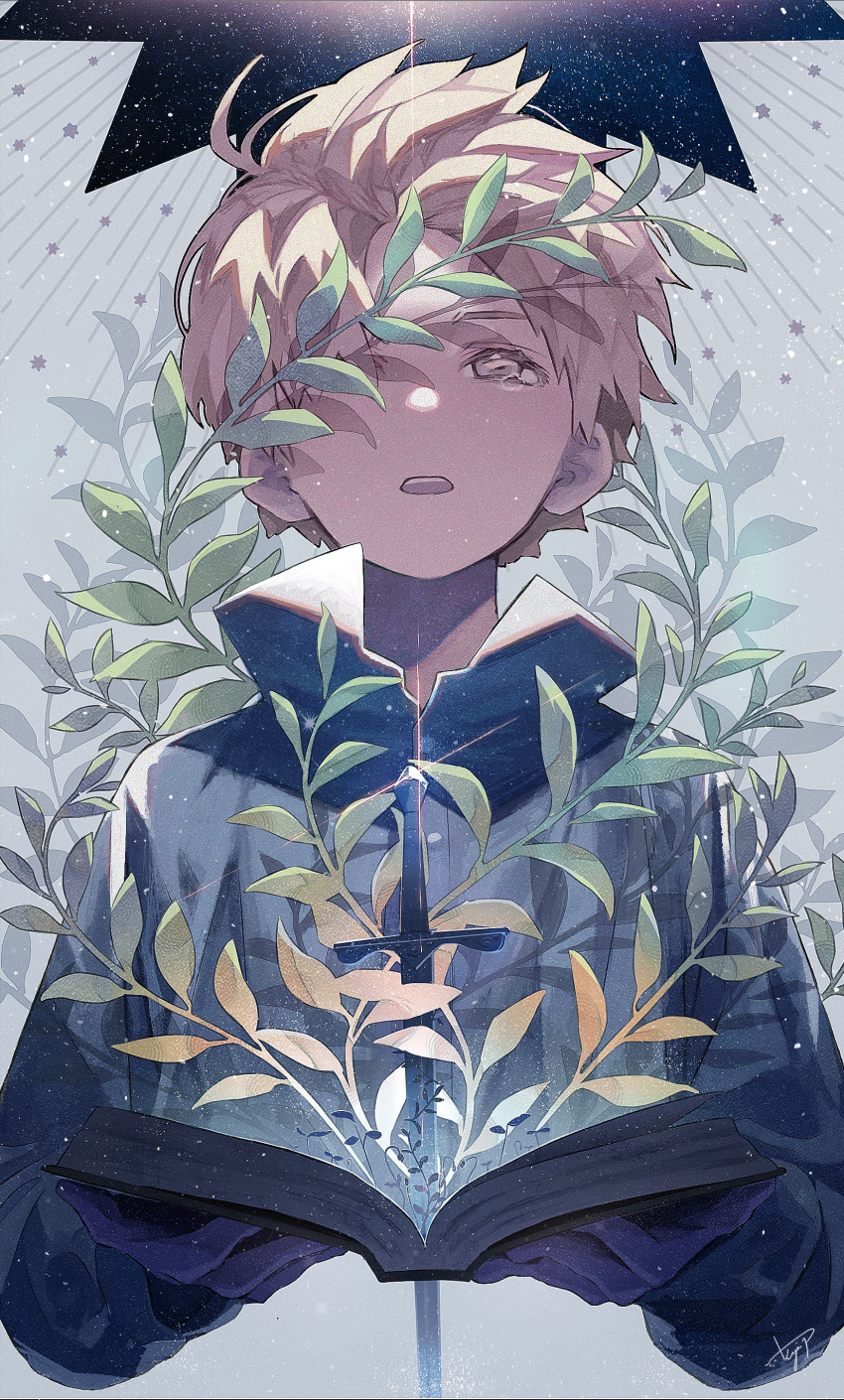 1boy absurdres aky_ami blonde_hair book brown_eyes highres long_sleeves looking_up male_focus open_mouth original pale_skin plant sky solo star_(sky) star_(symbol) starry_sky tears