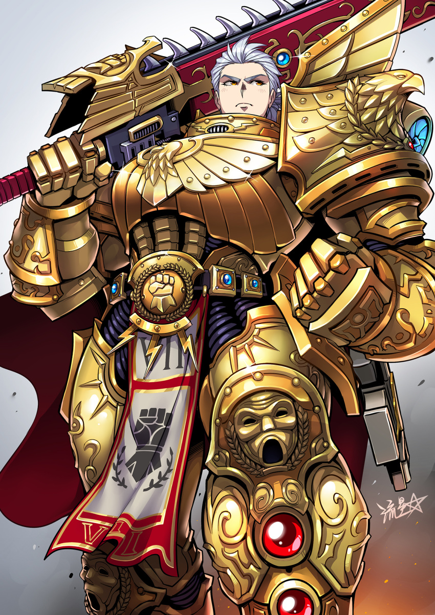 armor cape chainsaw chainsword clenched_hand closed_mouth commentary female gauntlets genderswap_(mtf) gold_armor greaves gun highres holding holding_sword holding_weapon huge_weapon imperial_fists imperium_of_man looking_to_the_side over_shoulder pauldrons power_armor primarch red_cape rogal_dorn rule_63 ryuusei_(mark_ii) short_hair shoulder_armor solo storm's_teeth sword sword_over_shoulder warhammer_40k weapon weapon_over_shoulder white_hair yellow_eyes