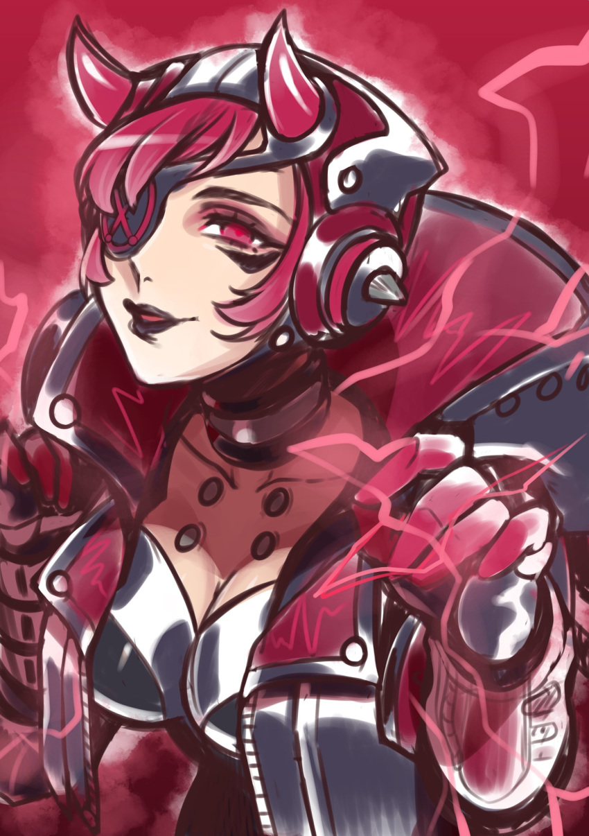 akami_maguro animification apex_legends black_gloves black_headwear black_jacket black_lips breasts cleavage collarbone cyber_punked_wattson electricity eyepatch female gloves highres hood hooded_jacket horns jacket jitome leaning_forward looking_up medium_breasts one_eye_covered parted_lips pink_eyes pink_hair portrait red_background smile solo wattson_(apex_legends)