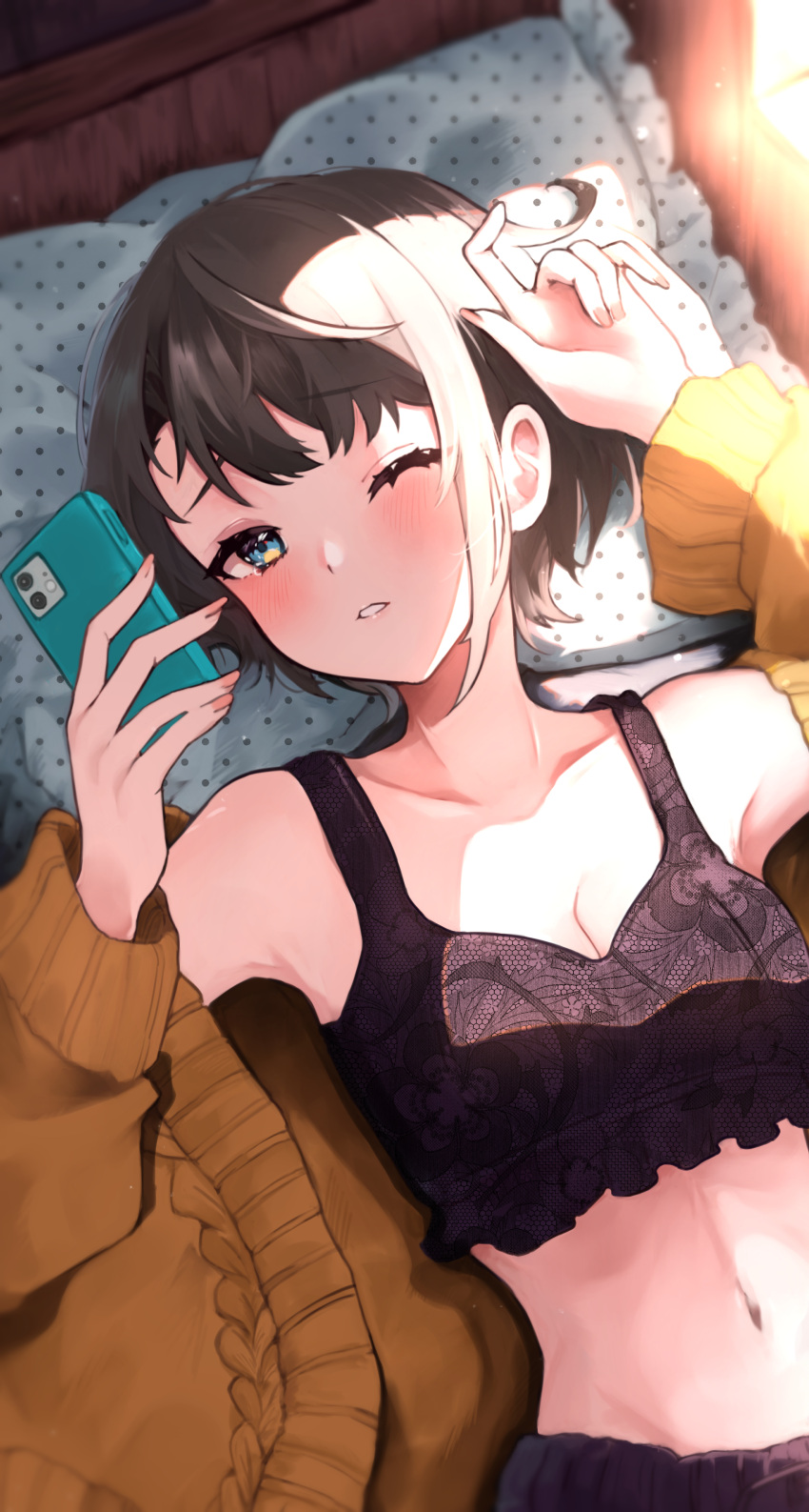 absurdres alternate_costume black_hair blue_eyes blush breasts cleavage collarbone commentary_request female from_above half-closed_eye highres holding holding_phone hololive indoors lingerie long_sleeves mashiro_io navel on_bed one_eye_closed oozora_subaru parted_lips phone pillow short_hair solo stomach underwear virtual_youtuber waking_up