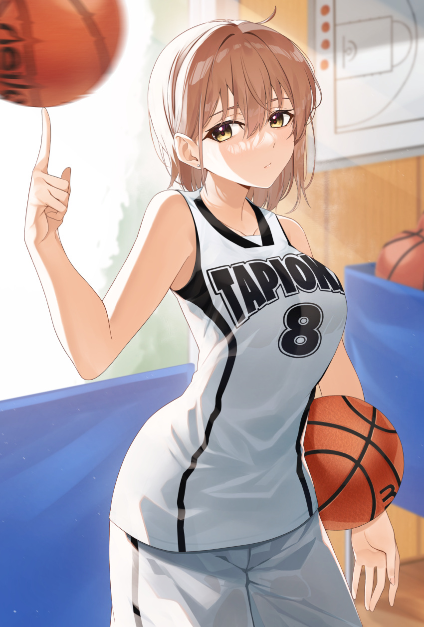 balancing balancing_ball balancing_on_finger ball bare_arms bare_shoulders basketball basketball_(object) basketball_jersey basketball_uniform breasts brown_hair clothes_writing commentary_request doorway female gym_storeroom hair_between_eyes highres holding holding_ball looking_at_viewer medium_breasts medium_hair original power_forward-chan_(tapioka_(oekakitapioka)) shirt shorts sleeveless sleeveless_shirt solo spinning sportswear sunlight tapioka_(oekakitapioka) white_shirt white_shorts yellow_eyes