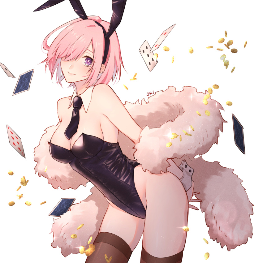 banned_artist bare_shoulders black_hairband black_legwear black_neckwear breasts card cleavage closed_mouth coin detached_collar fate/grand_order fate_(series) female fur_trim hair_over_one_eye hairband highres looking_at_viewer mash_kyrielight medium_breasts necktie orii_(orii_i) pink_hair playboy_bunny purple_eyes short_hair smile solo standing thighhighs thighs