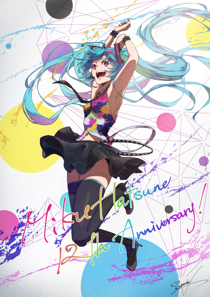 :d absurdres akiwashi anniversary armpits arms_up black_necktie black_scrunchie black_skirt black_thighhighs blue_hair character_name collared_shirt commentary dress_shirt female floating_hair full_body hair_ornament hatsune_miku headset high_heels highres legs_up long_hair making-of_available microphone midriff miniskirt navel necktie open_mouth pink_eyes pumps scrunchie shirt signature skirt sleeveless sleeveless_shirt smile solo stomach tell_your_world_(vocaloid) thighhighs very_long_hair vocaloid wing_collar wrist_scrunchie zettai_ryouiki