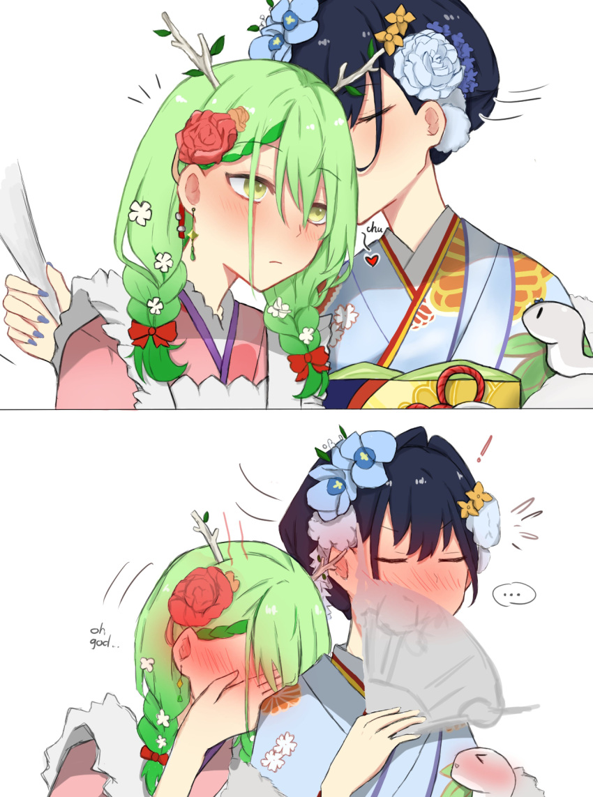 2girls absurdres antlers apron blue_eyes blue_hair blush boros_(ouro_kronii) bow braid braided_bangs ceres_fauna ceres_fauna_(new_year) commentary english_commentary flower folding_fan green_hair hair_flower hair_ornament hand_fan highres hololive hololive_english horns japanese_clothes kimono kissing kissing_forehead long_hair luzisimp multicolored_hair multiple_girls ouro_kronii ouro_kronii_(new_year) short_hair virtual_youtuber yellow_eyes yuri