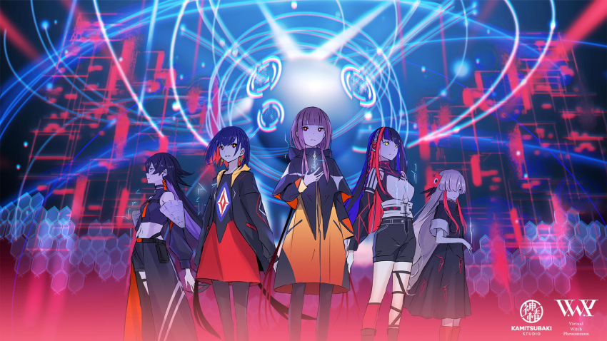 5girls asymmetrical_legwear blue_hair boots coat colored_inner_hair crop_top detached_sleeves earrings expressionless feet_out_of_frame glowing glowing_eyes grey_hair hair_ornament harusaruhi hexagon highres hood hood_down hooded_jacket isekai_joucho jacket jewelry kaf_(kamitsubaki_studio) kamitsubaki_studio koko_(kamitsubaki_studio) light_trail long_hair multicolored_eyes multicolored_hair multiple_girls navel official_art open_clothes open_jacket palow pantyhose parted_lips red_footwear red_hair rim_(kamitsubaki_studio) science_fiction short_hair short_sleeves shorts sidelocks twintails two-tone_hair uneven_legwear very_long_hair virtual_youtuber