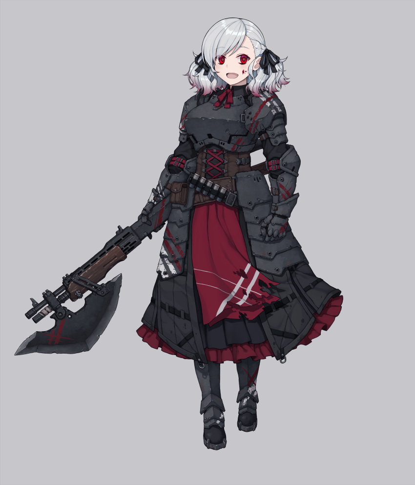 absurdres armor armored_dress axe blood blood_on_face commentary female full_body girls'_frontline grey_background grey_hair gun highres looking_at_viewer name_connection official_alternate_costume open_mouth plate_armor pump_action red_eyes shotgun shotgun_shell solo spas-12 spas-12_(girls'_frontline) spas-12_(goblin_huntress)_(girls'_frontline) terras twintails weapon