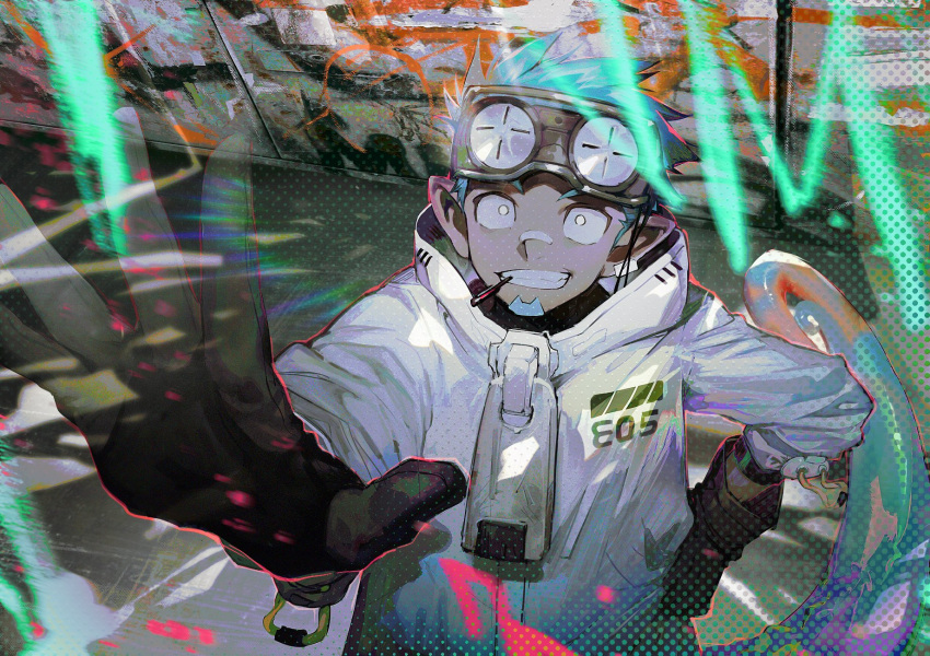 1boy aoki_(fumomo) arknights black_gloves chameleon_tail coat colored_sclera dark-skinned_male dark_skin ethan_(arknights) facial_hair gloves goggles goggles_on_head graffiti grey_sclera grin hand_on_own_hip highres hood hood_down hooded_coat male_focus mouth_hold nose_tape oversized_zipper pointy_ears smile solo tail upper_body white_coat white_eyes zipper