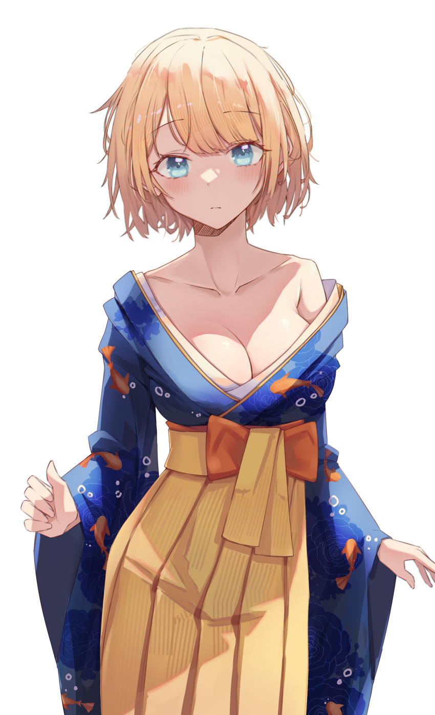 absurdres animal_print blonde_hair blue_eyes blue_kimono blush bob_cut breasts cleavage closed_mouth collarbone commentary cowboy_shot female fish_print hakama highres hololive hololive_english japanese_clothes kimono koi large_breasts looking_at_viewer obi off_shoulder official_alternate_costume sash shironekokfp short_hair simple_background single_bare_shoulder solo virtual_youtuber watson_amelia watson_amelia_(new_year) white_background wide_sleeves