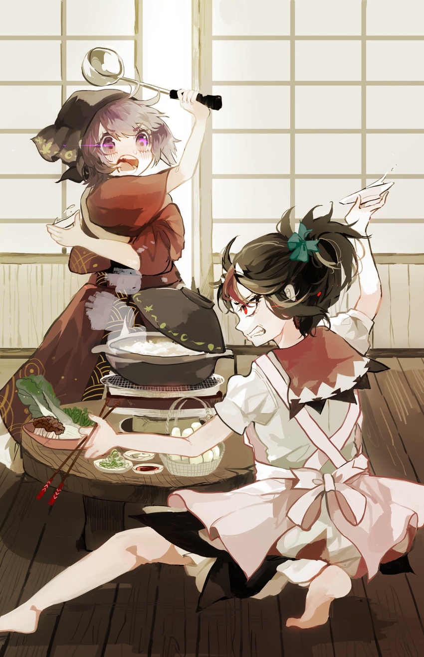 2girls alternate_hairstyle apron arm_up ayame_(no_ohana) barefoot black_hair chopsticks clenched_teeth commentary_request cone_horns cooking_pot cup food glowing glowing_eyes head_scarf highres holding horns indoors japanese_clothes kijin_seija kimono ladle multicolored_hair multiple_girls open_mouth puffy_short_sleeves puffy_sleeves purple_eyes purple_hair red_eyes red_hair red_kimono salad shirt short_hair short_sleeves skirt small_horns streaked_hair sukuna_shinmyoumaru teeth touhou white_horns white_shirt wide_sleeves wooden_floor