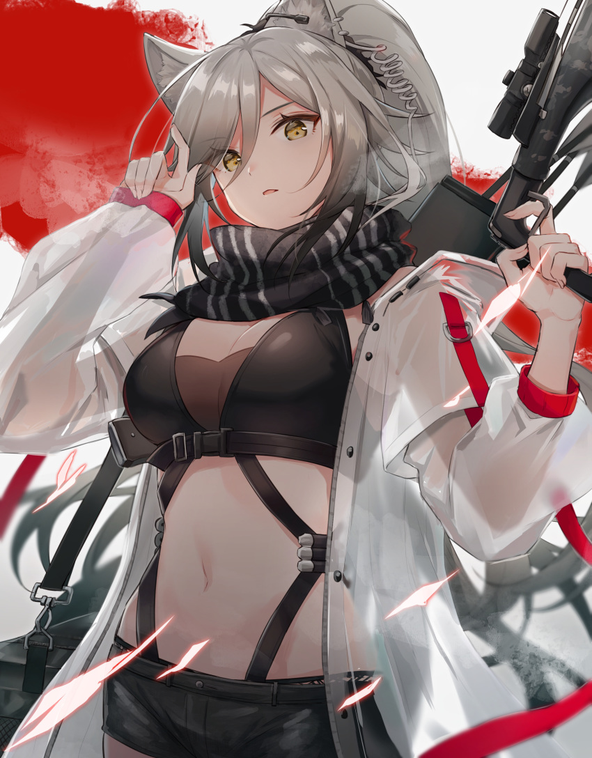 absurdres animal_ears arknights black_scarf black_shorts breasts brown_eyes cat_ears cleavage commentary crop_top female grey_hair hair_between_eyes hands_up head_tilt highres holding holding_weapon jacket long_hair long_sleeves looking_at_viewer medium_breasts midriff murata_konomin navel parted_lips scarf schwarz_(arknights) shorts solo stomach upper_body weapon white_jacket