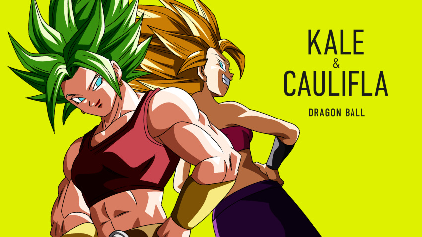 2girls abs aqua_eyes artist_request back-to-back bandeau biceps blonde_hair bracer breasts caulifla character_name copyright_name dragon_ball dragon_ball_super dragon_ball_xenoverse earrings english_text game_cg gold_bracer gold_earrings green_hair grin hands_on_own_hips highres hoop_earrings jewelry kale_(dragon_ball) loading_screen looking_at_another looking_back looking_to_the_side medium_breasts multiple_girls muscular muscular_female official_art official_wallpaper pants parted_bangs pink_bandeau purple_pants red_lips red_sports_bra saiyan single_bang smile spiked_hair sports_bra super_saiyan super_saiyan_2 teeth third-party_source yellow_background