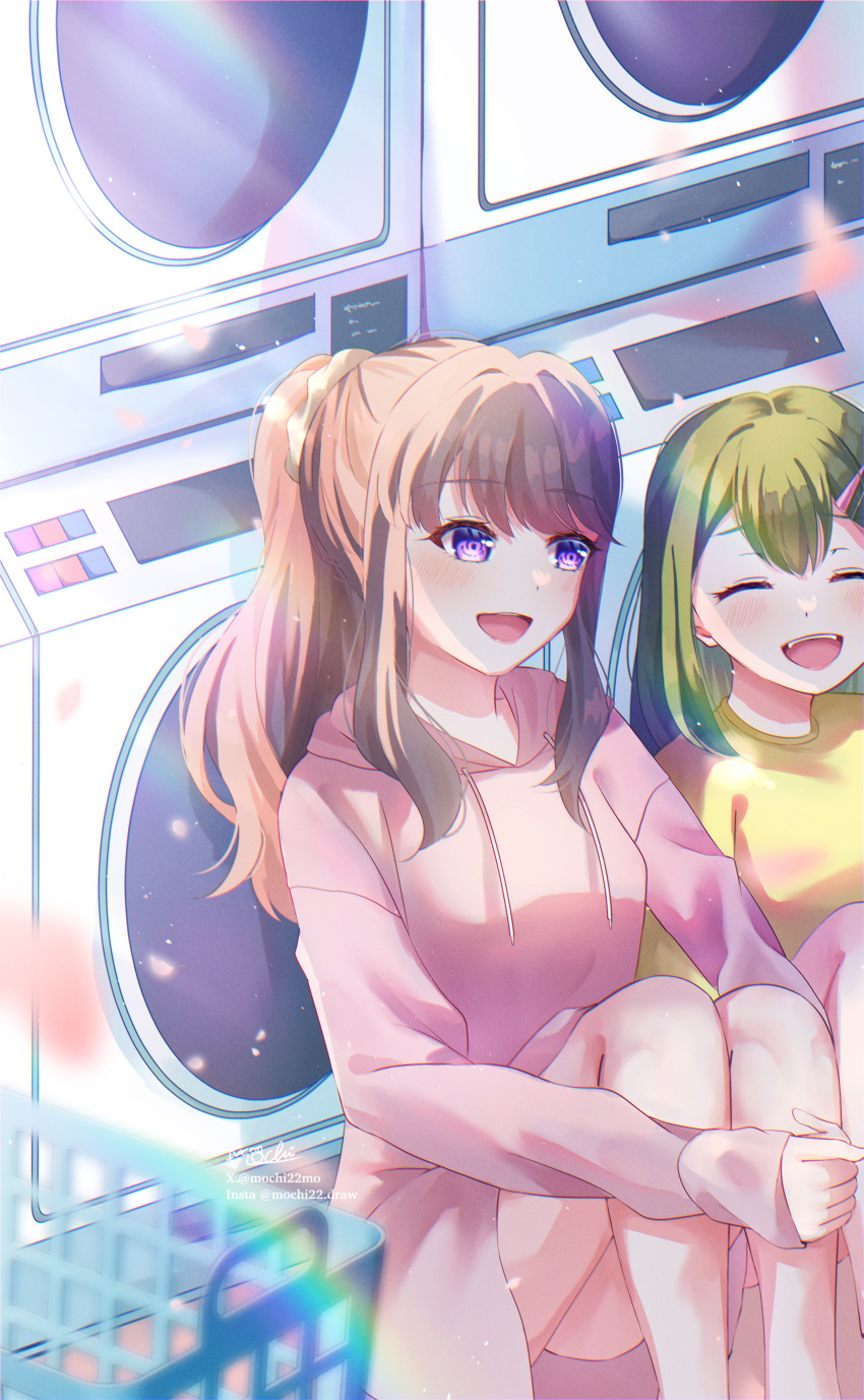 2girls :d ^_^ absurdres breasts brown_hair closed_eyes double-parted_bangs feet_out_of_frame fujishima_megumi green_hair hair_ornament hair_scrunchie hairclip highres hood hoodie instagram_username laundromat link!_like!_love_live! long_hair long_hoodie long_sleeves looking_at_another love_live! medium_breasts mochi_tsu22 multiple_girls oogami_sachi open_mouth pink_hoodie ponytail purple_eyes scrunchie shirt signature sitting sleeves_past_wrists smile swept_bangs teeth twitter_username upper_teeth_only virtual_youtuber washing_machine white_scrunchie yellow_shirt