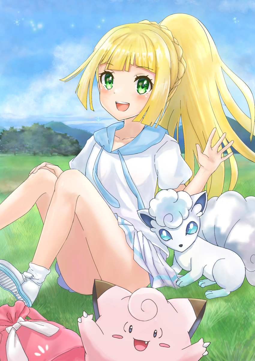 :d alolan_vulpix blonde_hair blue_eyes blue_sky blush braid clefairy cloud commentary_request convenient_censoring crown_braid day female green_eyes hand_up highres hood hood_down hoodie knees_up lillie_(pokemon) long_hair looking_at_viewer on_grass outdoors pleated_skirt pokemon pokemon_(creature) pokemon_sm ponytail puffy_short_sleeves puffy_sleeves shoes short_sleeves sitting skirt sky smile socks sunameri_(pixiv3564245) teeth upper_teeth_only very_long_hair white_footwear white_hoodie white_skirt white_socks