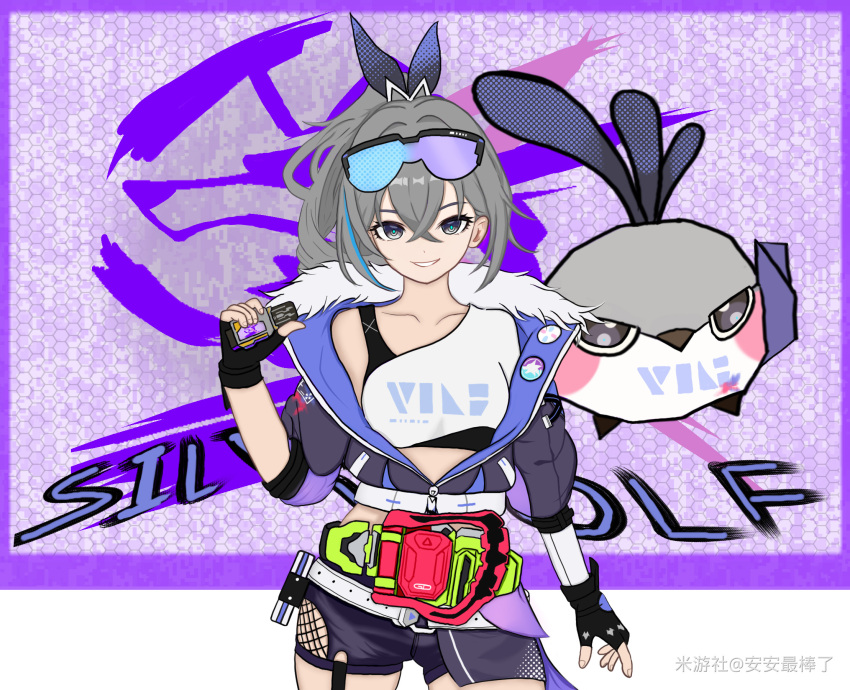 ananzuibangle belt black_gloves black_shorts black_tank_top collarbone cowboy_shot crop_top eyewear_on_head female fingerless_gloves gamer_driver gloves grey_eyes grey_hair grey_ribbon grin hair_ribbon highres holding honkai:_star_rail honkai_(series) kamen_rider kamen_rider_ex-aid_(series) long_hair looking_at_viewer midriff origami_bird_(honkai:_star_rail) ribbon shirt short_shorts shorts silver_wolf_(honkai:_star_rail) single-shoulder_shirt single_bare_shoulder smile solo standing sunglasses tank_top white_belt white_shirt