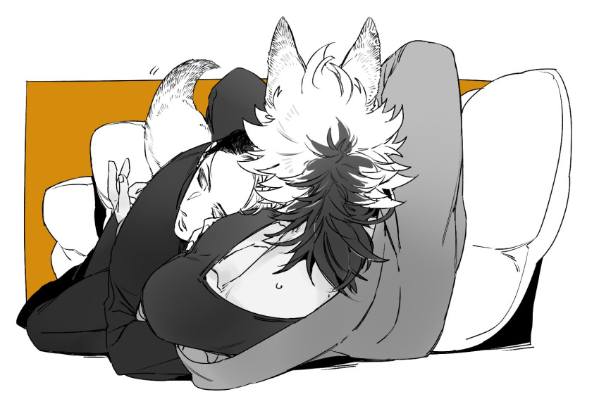 2boys animal_ears commentary_request divus_crewel full_body greyscale_with_colored_background jack_howl long_hair lying lying_on_person male_focus multiple_boys on_back pillow shi646 short_hair simple_background sleeping tail twisted_wonderland wolf_boy wolf_ears wolf_tail yellow_background