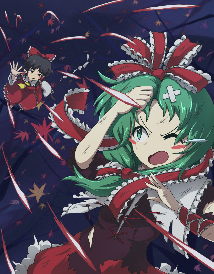 2girls absurdres arm_ribbon bow defeat dress front_ponytail green_eyes green_hair gurina_15 hair_ribbon hairbow highres kagiyama_hina mountain_of_faith multiple_girls nontraditional_miko red_bow red_dress red_ribbon ribbon tears torn_clothes touhou