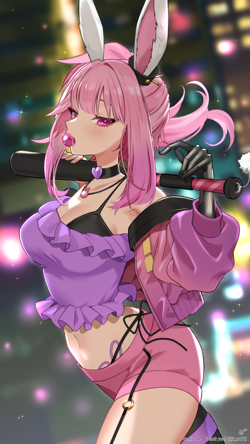 animal_ears baseball_bat black_bra black_choker black_pantyhose blurry blurry_background bra breasts candy choker commission crop_top female food hair_ornament heart heart_choker highres holding holding_baseball_bat indie_virtual_youtuber jacket jewelry k_(art71) lollipop mechanical_arms midriff navel necklace o-ring pantyhose pink_hair pink_jacket pink_shorts purple_eyes purple_shirt rabbit_ears rabbit_ornament remi_vespertine shirt shorts single_leg_pantyhose single_mechanical_arm skeb_commission solo sparkle twitter_username underwear virtual_youtuber weapon_behind_back