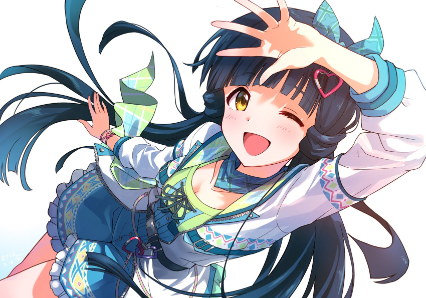 arm_up belt black_belt blue_hair blue_ribbon blue_scarf blue_skirt blush bow bracelet breasts cleavage collarbone damokan66 dot_nose dutch_angle female floating_hair green_shirt hair_ornament hair_ribbon hairbow heart heart_hair_ornament highres idolmaster idolmaster_million_live! idolmaster_million_live!_theater_days jacket jewelry kitakami_reika long_hair long_sleeves looking_at_viewer low_twintails medium_breasts one_eye_closed open_hand open_mouth plaid_ribbon ribbon scarf shirt simple_background skirt smile solo twintails very_long_hair white_background white_jacket yellow_eyes